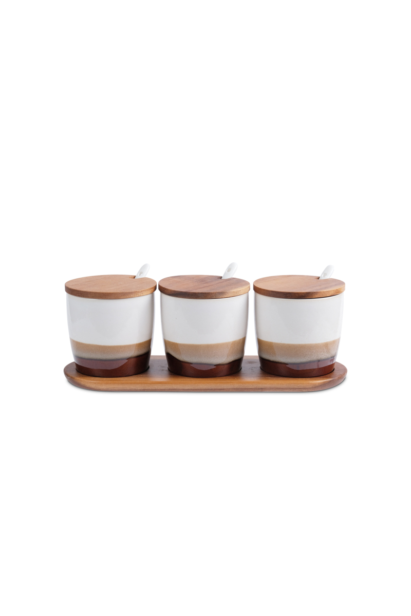 Jacob Bronze Set of 3 Sugar Pot with Wooden Lid & Tray