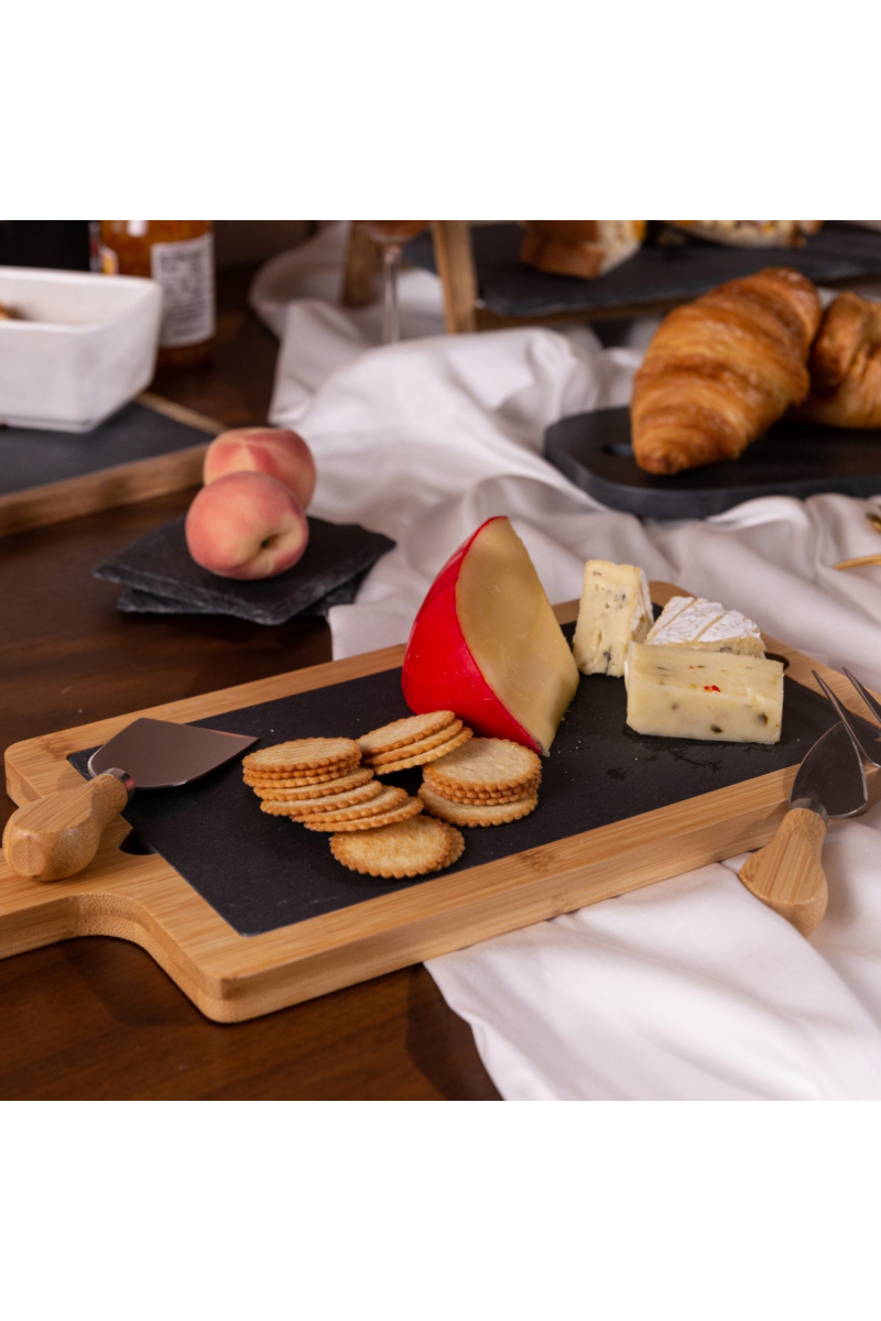 Slate & Acacia Paddle Serving Board with Knives