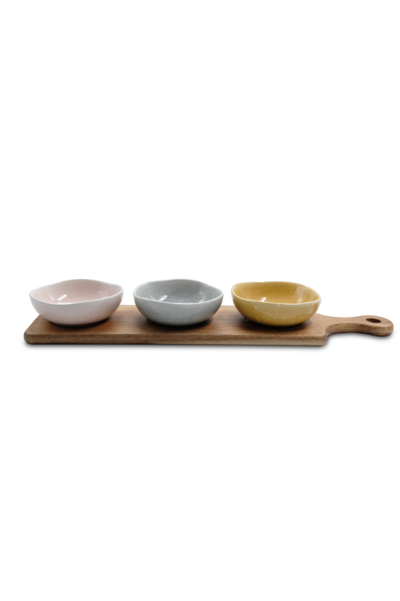 Tri-Color Set of 3 Bowl with Wooden Tray